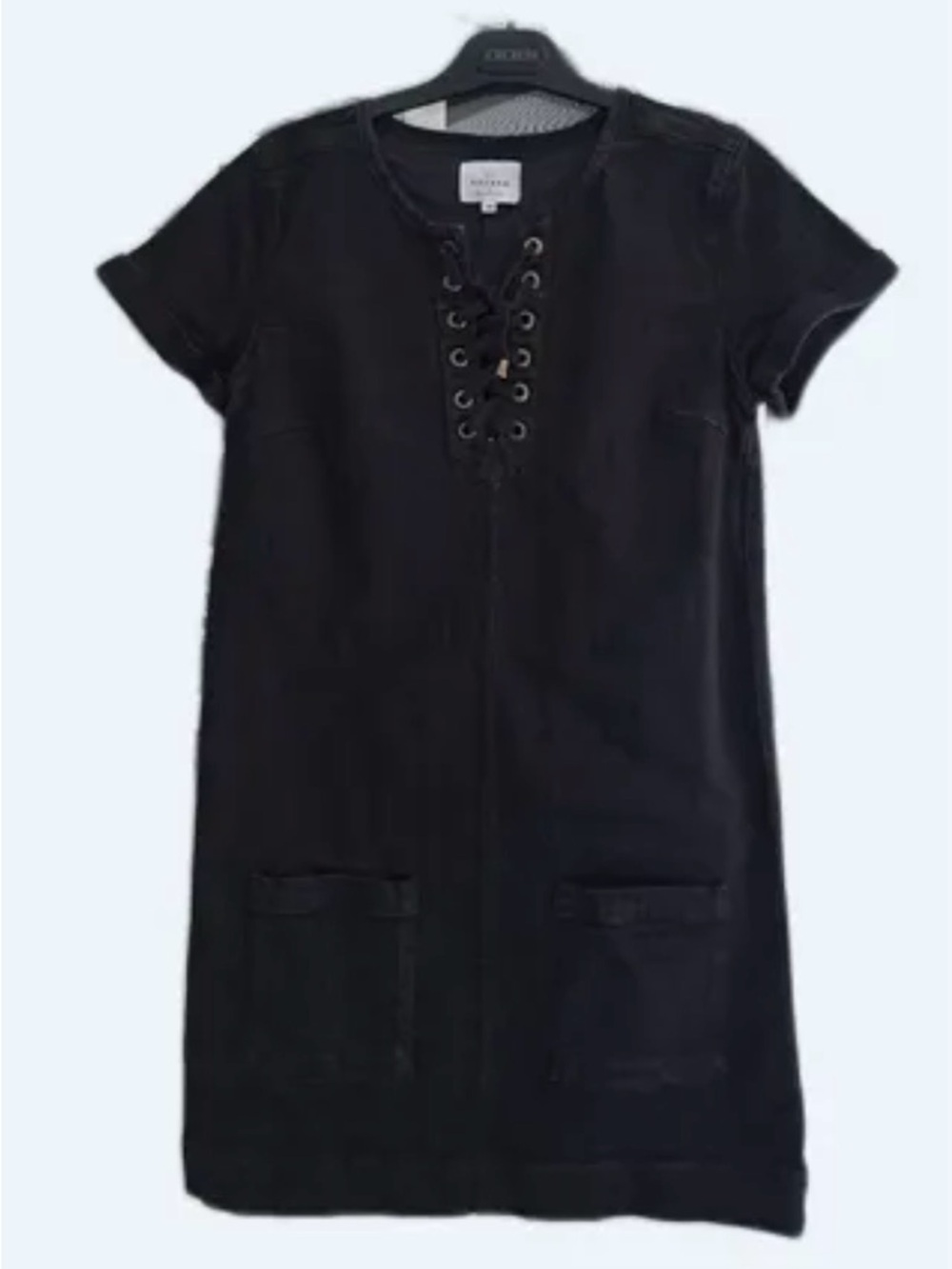 Sezane Denim Black Lace-Up Short Sleeve Dress